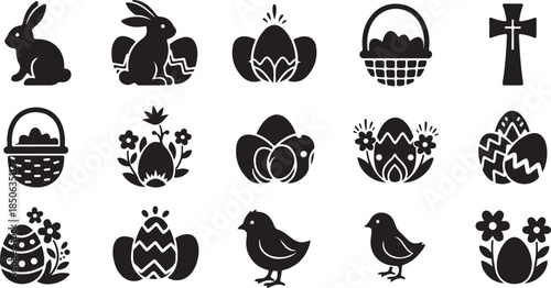 Easter icons set with bunnies eggs baskets