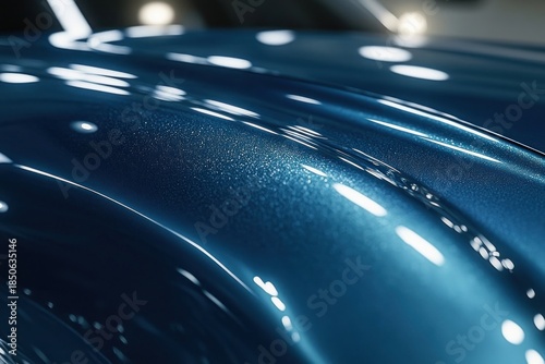 close-up of glossy metallic blue car body with shimmering paint flakes and bright studio light reflections conveying sleek polished elegance