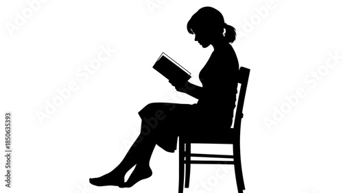 Silhouette of a woman sitting on a chair engrossed in reading a book against a stark white background illustration