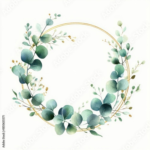 Watercolor eucalyptus wreath with delicate green leaves and sprigs encircling a double gold circular frame, elegant botanical arrangement evoking calm and freshness