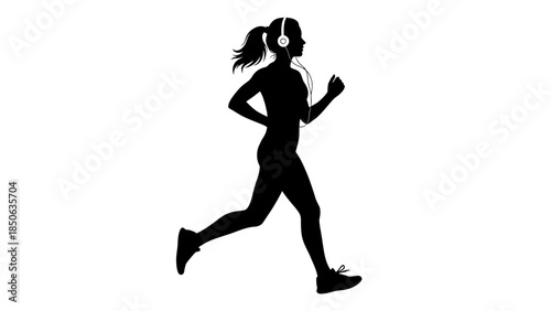 Silhouette of a fit woman jogging or running outdoors while listening to music through wired headphones