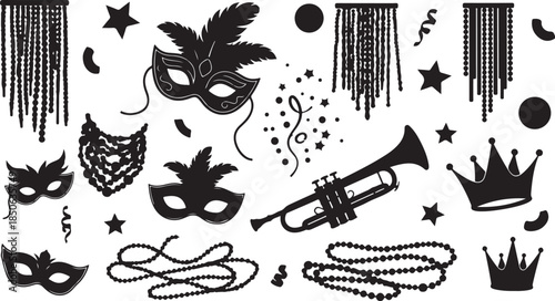 Mardi Gras party elements with masks and beads