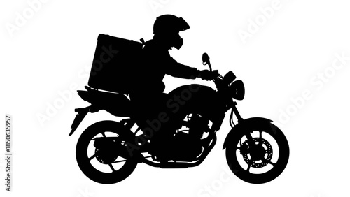 Silhouette of a motorcycle food delivery driver wearing a helmet and carrying a large insulated backpack for transport