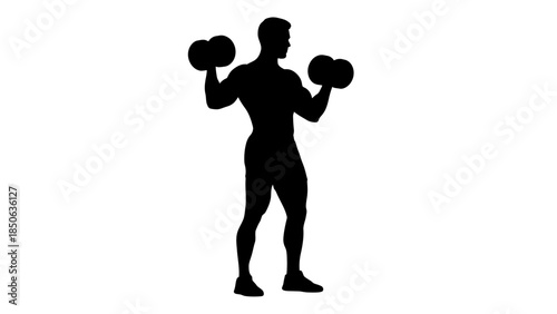 Silhouette of a muscular athlete performing dumbbell bicep curls isolated on a clean white background for fitness concepts