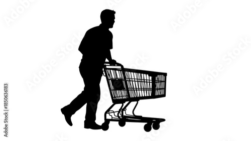 Silhouette of a man pushing a wire shopping cart during a retail or grocery store purchasing errand