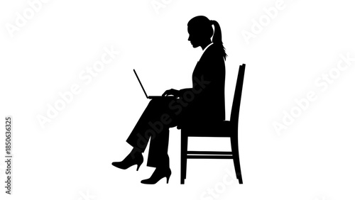 Silhouette of a professional businesswoman sitting in a chair working diligently on a portable computer laptop