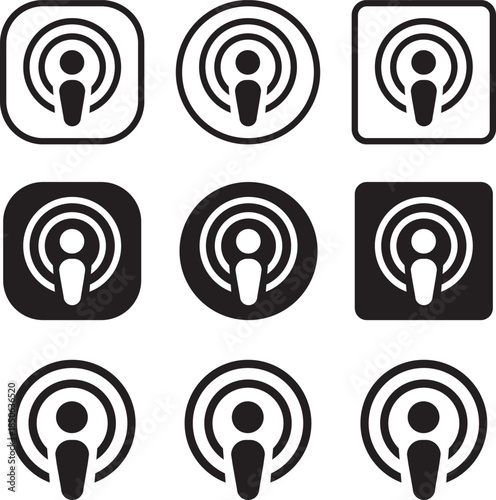 Apple Podcast App Icon in Gradient Purple. Flat logo options for audio streaming, mobile interface, and media branding design. digital editorial social media icon vector. A collection of podcast icons