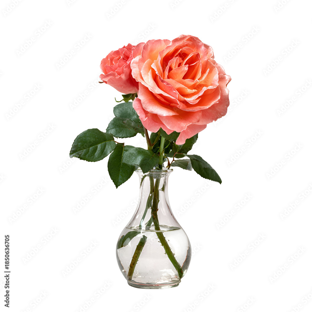 Fototapeta premium Two beautiful peach colored roses arranged in a clear glass vase against a black backdrop