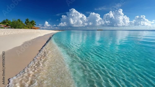 Serene Coastal Paradise: Gentle waves caress a pristine sandy beach under a vast, cloud-dotted azure sky. Witness the tranquil, idyllic scenery.
