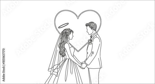 Bride and groom holding hands in front of a heart on their wedding day