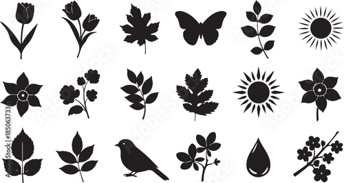 Black silhouettes of flowers, leaves, and a bird