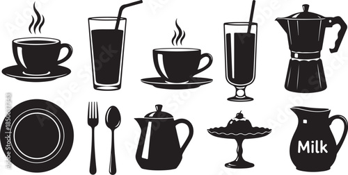 Black silhouettes of coffee cups and food items