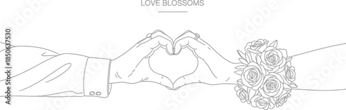 Minimalist wedding illustration of hands forming heart with bouquet and rings