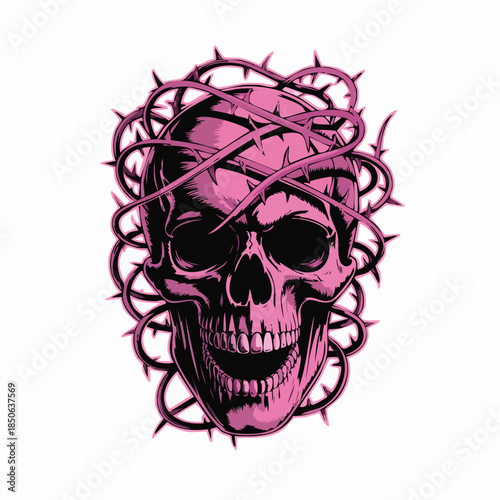 Pink skull wrapped with barbed wire artwork.