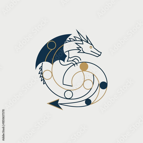 An illustration of a dragon surrounded by geometric shapes and lines in a circular motion.