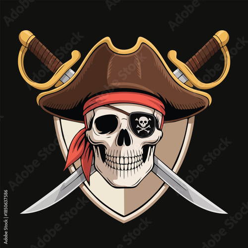 Pirate Skull Emblem With Swords And Shield.