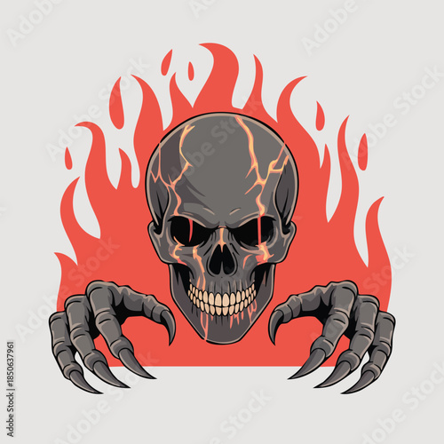 Fiery skull with menacing claws and flames.