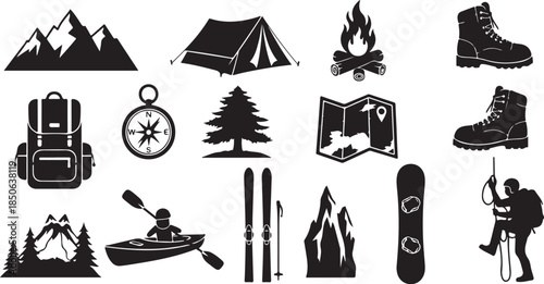 Outdoor adventure icons for camping hiking and skiing