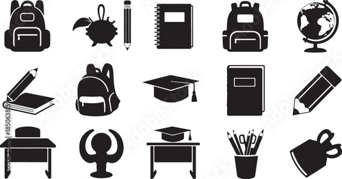 Black icons of school supplies and education tools