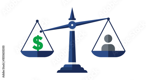 money versus people on imbalance scale minimalist business ethics illustration showing value of profit over human resources for editorial use
