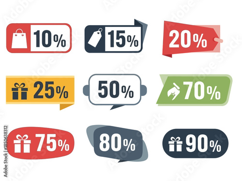 Colorful Sale Tags Set with Discount Percentages for Marketing Promotions