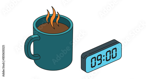 morning coffee mug with steam beside digital alarm clock at 9 am minimalist flat illustration for workday routine and productivity blogs