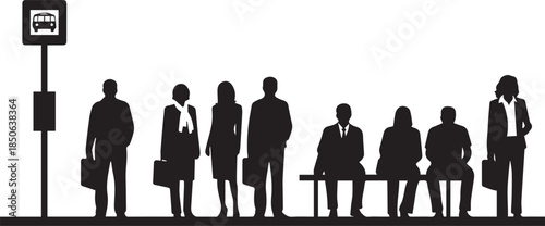 Business People Waiting at Bus Stop Silhouette Illustration
