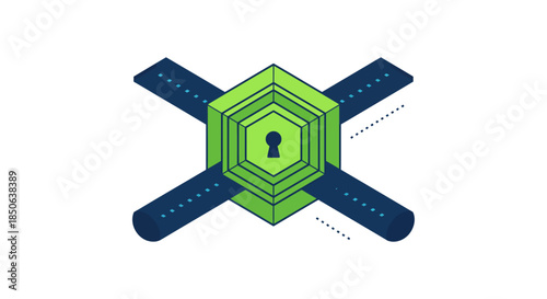 network data security lock icon abstract green cube with keyhole securing digital connections modern cybersecurity illustration for it services