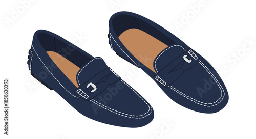 navy blue leather loafers with stitching stylish mens slip on shoes isolated on white fashion footwear illustration for ecommerce