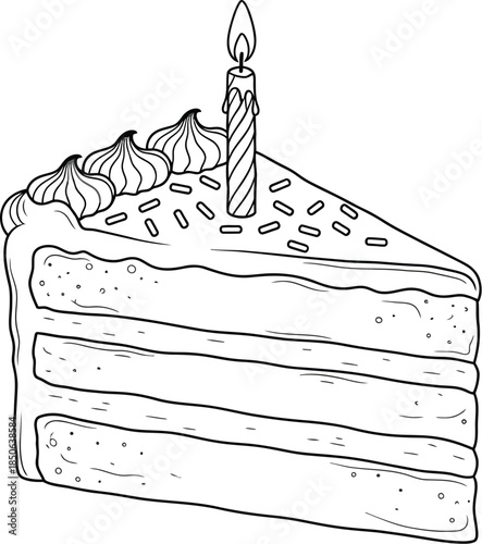 Slice of birthday cake with frosting and a candle in a black and white drawing