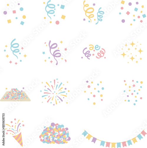 A delightful assortment of pastel celebration design elements, featuring confetti, streamers, stars, and festive bunting, perfect for joyful event decorations and creative projects