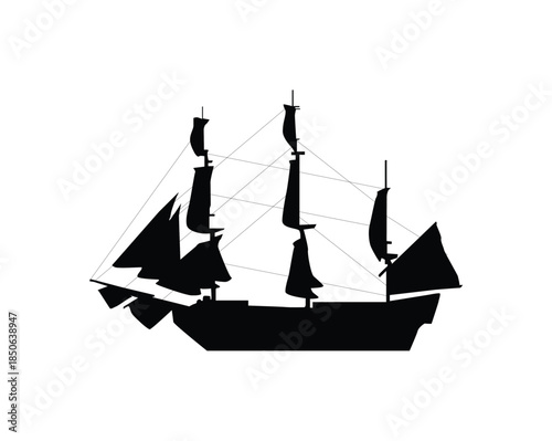 Majestic Tall Ship Silhouette with Square Sails and Complex Rigging on Isolated White Background
