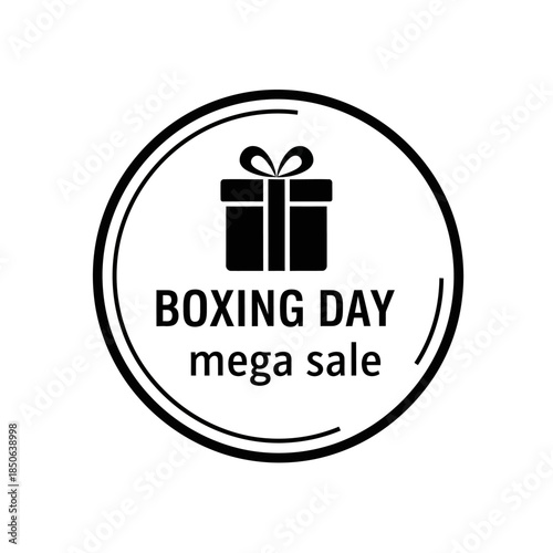 Boxing Day mega sale circular stamp with gift box icon.