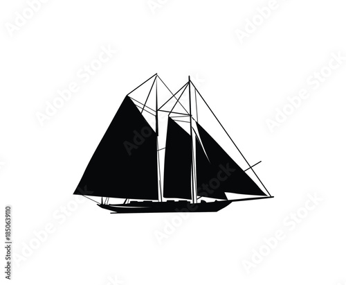 Classic Schooner Sailing Ship Silhouette with Two Masts on Isolated White Background
