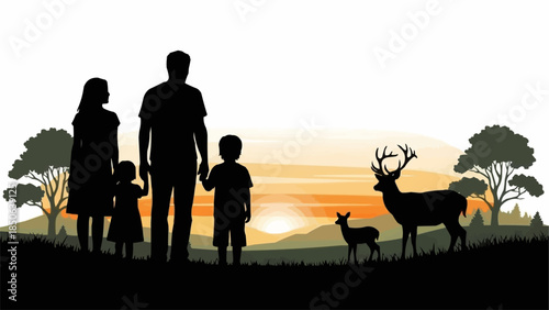 Family and deer silhouette at sunset.