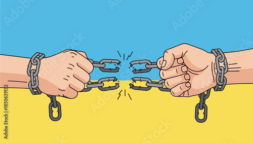Breaking Free from Oppression with Fists Clenched and Chains Shattered in a Powerful Illustration of Freedom