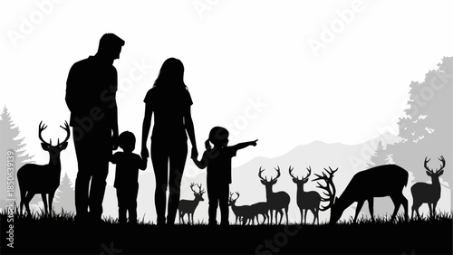 Family Silhouette Observing Deer in Nature Scene.