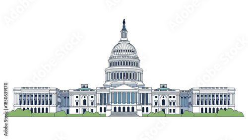 The United States Capitol Building illustrated in a detailed architectural style with a white background