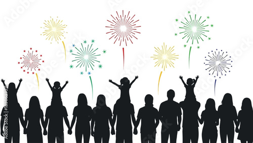 Silhouetted crowd celebrating with raised arms amidst colorful fireworks display