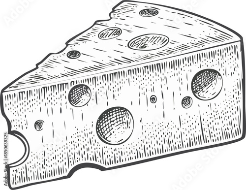 Hand drawn vector engraving illustration of a cheese wedge, dairy food object