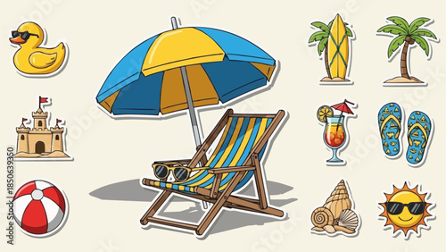 Summer Beach Vacation Scene With Beach Chair Umbrella And Accessories.
