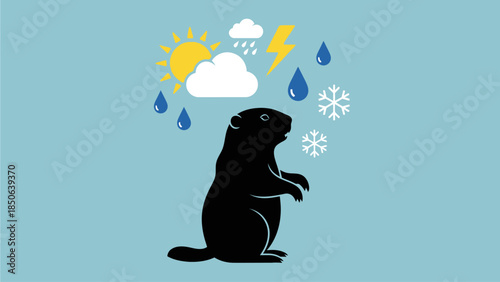 A silhouette of a groundhog standing upright, surrounded by various weather elements including rain, snow, lightning, and sunshine against a clear blue sky