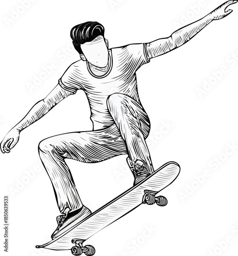 Hand drawn vector line art illustration of a skateboarder performing a trick, extreme sport