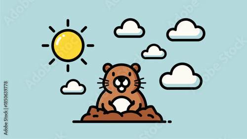 A cartoon beaver is building a dam on a sunny day with fluffy clouds