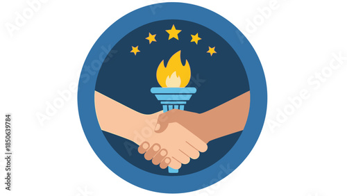 Handshake symbolizing partnership and unity with torch and stars representing guidance and excellence in business collaboration