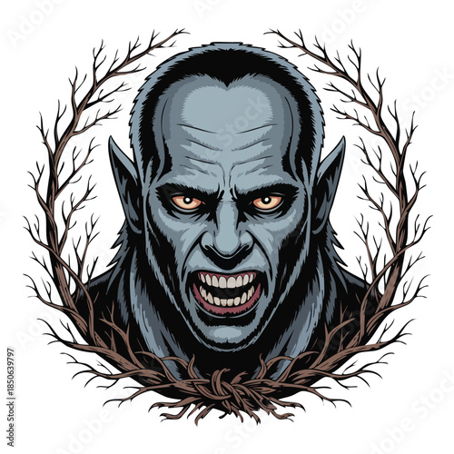 Menacing vampire head portrait with snarling fangs.