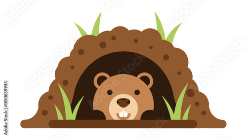 A curious bear peeks out from its underground burrow surrounded by dirt and grass in a serene natural setting