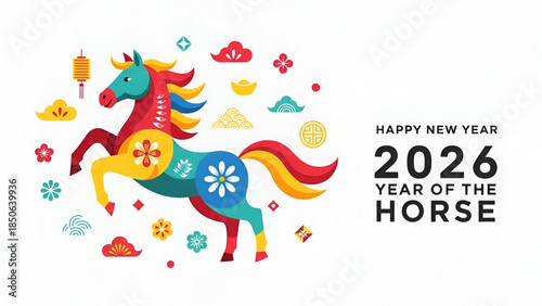 Chinese lunar new year 2026 year of the horse celebration illustration with colorful zodiac horse symbol traditional asian art elements festive design culture heritage prosperity luck growth energy 