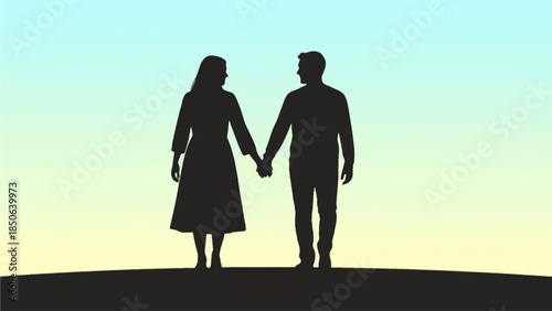 Couple Holding Hands Silhouetted Against a Serene Sunset Gradient Background