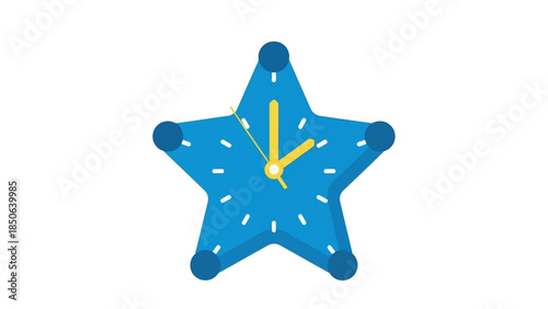 A blue star-shaped clock with yellow hands on a white background